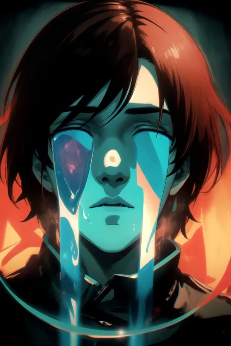 tears ,brown hair,green eyes,man in an eclipse, lens flare,dark clothes, masterpiece, perfect face, intricate details, horror theme ,portrait,dark ambience, dust,low light ,cinematic, ambient oclussion, chromatic aberration, <lora:TearsV2-lbw:0.9>