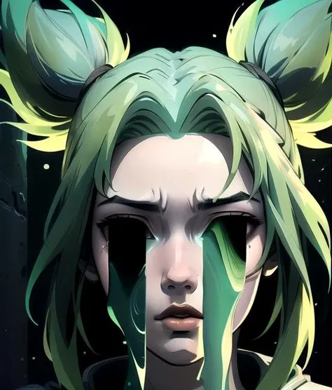 anime style,girl, green hair, tears, close up,starry, glowing, sunlight,dark background <lora:Character_Zeri:1> <lora:TearsV2-lbw:1>