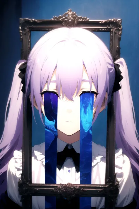 tears ,girl, purple twintails,victorian frame,portrait,blue background,dark ambience, dust,low light ,cinematic <lora:TearsV2-lbw:1>
