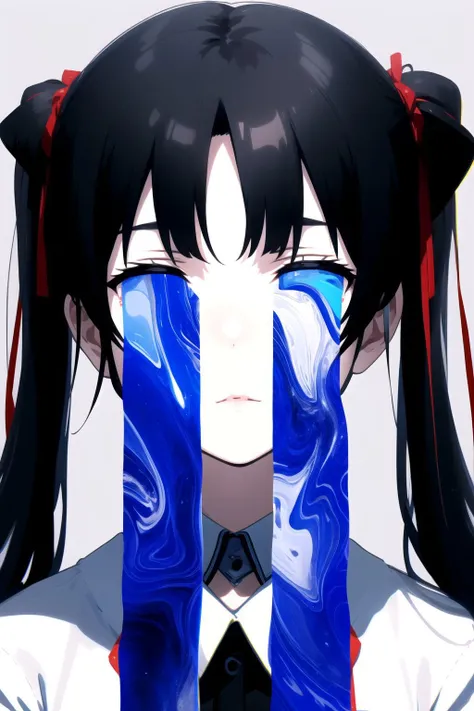 tears ,girl,( black hair with twintails),white eyes,victorian frame,portrait,blue background,dark ambience, dust,low light ,cinematic, ambient oclussion, chromatic aberration,  <lora:TearsV2-lbw:1>