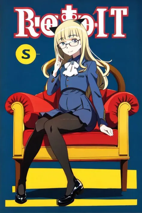 (8K, Best Quality, ultra-detailliert, Soft contrast, masutepiece:1.2), (Anime Touch, strong outline), (((perrine h. clostermann))), ((1 girl)), full body, (small breasts), (big hips:1.2), glasses, (blonde hair), (black cat ears), black cat tail, (black pantyhose), bangs, magazine cover, LOOKING AT VIEWER, (Magazine cover-style illustration of a fashionable woman in a vibrant outfit), <lora:Magazine:1.0> facial close-up, sitting, panties,