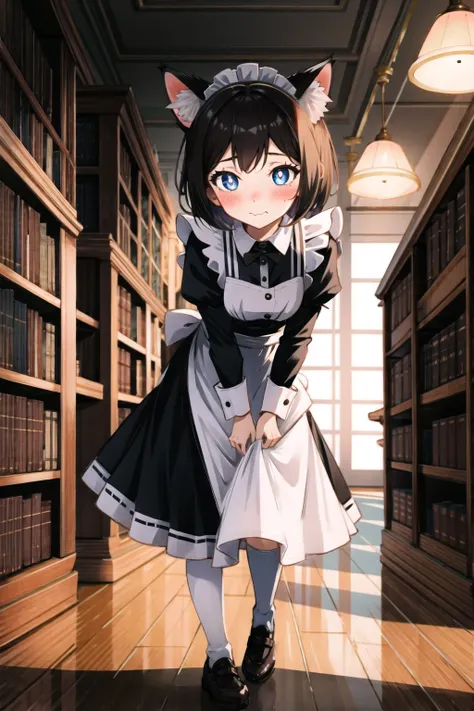 full body, (As-Young:0.2), detailed, cinematic lighting, bold, library, 1girl, shy, blush, short hair, maid uniform, cat ears, cute, playful, (enticing:1.2), detailed face, detailed eyes, detailed pupils