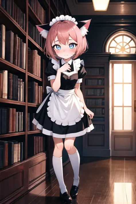 full body, (As-Young:0.2), detailed, cinematic lighting, bold, library, 1girl, shy, blush, short hair, maid uniform, cat ears, cute, playful, (enticing:1.2), detailed face, detailed eyes, detailed pupils, detailed hands