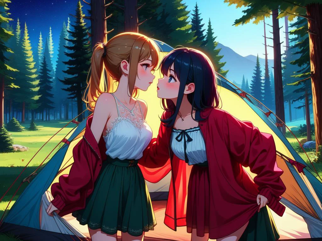 (masterpiece, best quality, detailed:1.5), multiple girls, imminent kiss, yuri, <lora:girllikecampsite:0.8> campsite, tent, open door curtain, chiffon jacket, skirt, night, grass, forest, unusual event in background