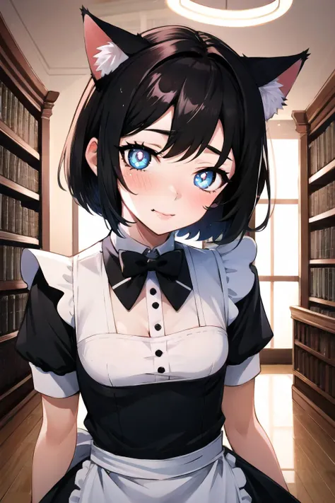 full body, (As-Young:0.4), detailed, cinematic lighting, bold, library, 1girl, shy, blush, short hair, maid uniform, cat ears, cute, playful, (enticing:1.2), detailed face, detailed eyes, detailed pupils