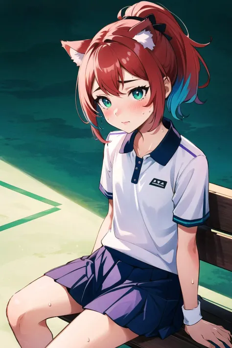 (As-Young:1), detailed, cinematic lighting, high contrast, bench, 1girl, sitting, sweat, shy, blush, short hair, high ponytail, multicolored hair, cat ears, cute, (magnetic:1.2), (enticing:1.2), detailed face, detailed hands, (purple), BREAK tennis uniform, (green), pleated skirt