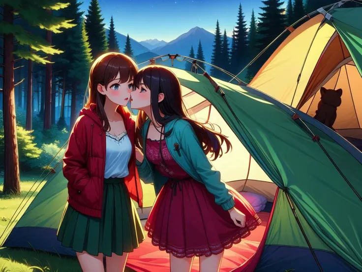 (masterpiece, best quality, detailed:1.5), multiple girls, imminent kiss, yuri,  <lora:girllikecampsite:0.8> campsite, tent, open door curtain, chiffon jacket, skirt, night, grass, forest, unusual event in background