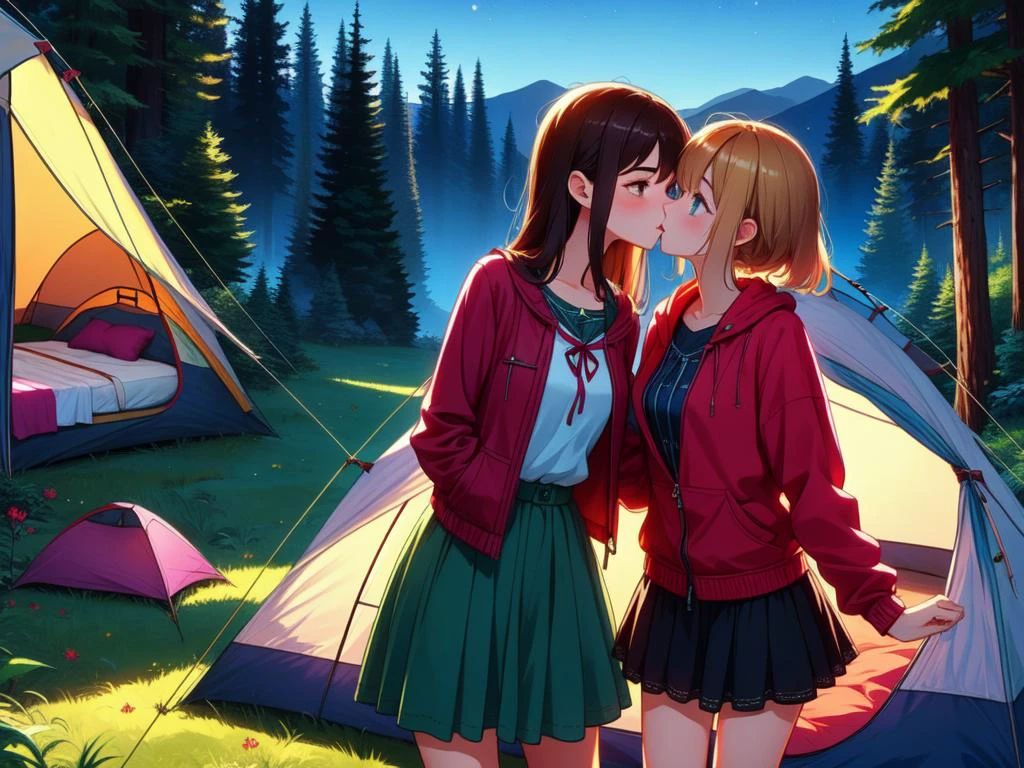 (masterpiece, best quality, detailed:1.5), multiple girls, imminent kiss, yuri, <lora:girllikecampsite:0.8> campsite, tent, open door curtain, chiffon jacket, skirt, night, grass, forest, unusual event in background