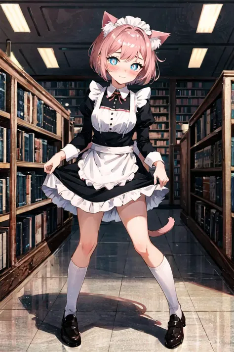full body, (As-Young:0.4), detailed, cinematic lighting, bold, library, 1girl, shy, blush, short hair, maid uniform, cat ears, cute, playful, (enticing:1.2), detailed face, detailed eyes, detailed pupils