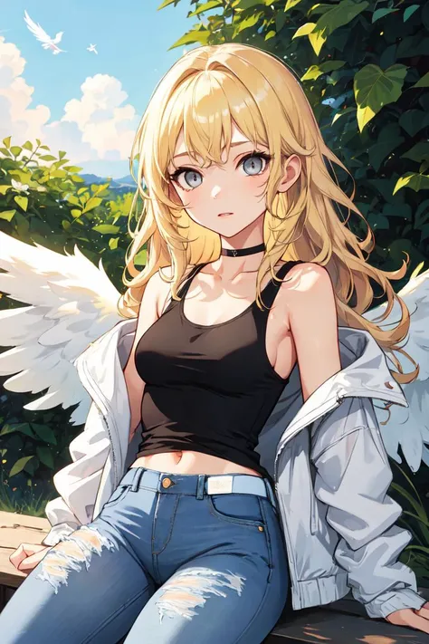 1girl, medium breasts, blonde hair, long hair, wavy hair, grey eyes, white feathered wings, angel, outdoors, white jacket, choker, tank top, jeans