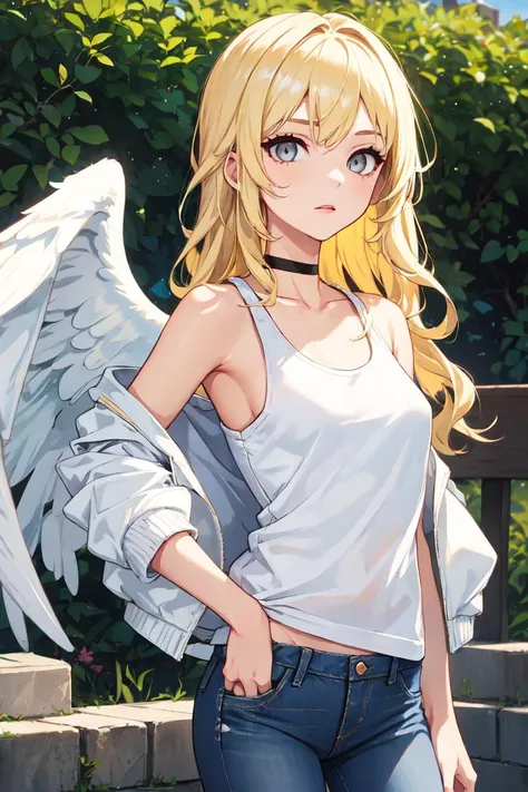 1girl, medium breasts, blonde hair, long hair, wavy hair, grey eyes, white feathered wings, angel, outdoors, white jacket, choker, tank top, jeans