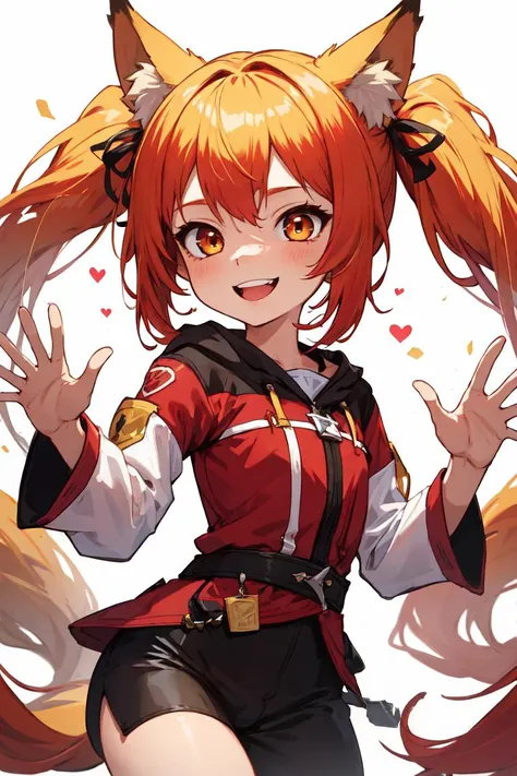 masterpiece, best quality, highres, absurdres, ultradetailed, 1girl, cute, petite, animal ears, fox ears, two-tone hair, red hair, blonde hair, twintails, long hair , happy, big smile, waving