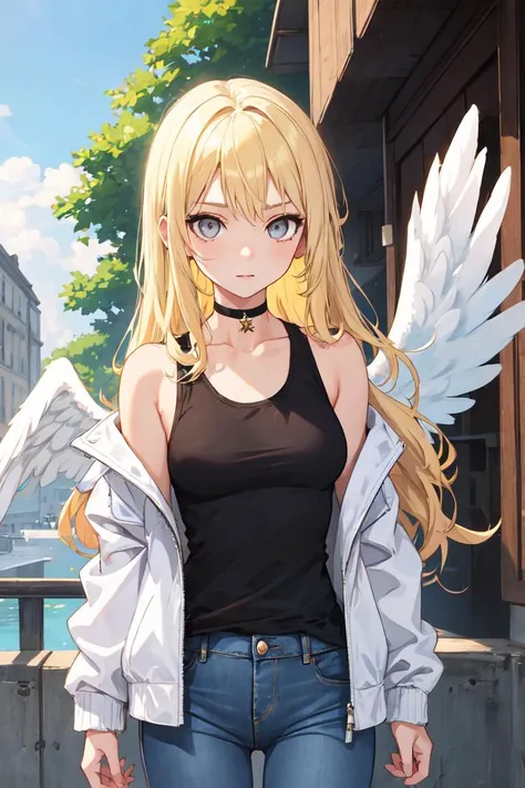 1girl, medium breasts, blonde hair, long hair, wavy hair, grey eyes, white feathered wings, angel, outdoors, white jacket, choker, tank top, jeans