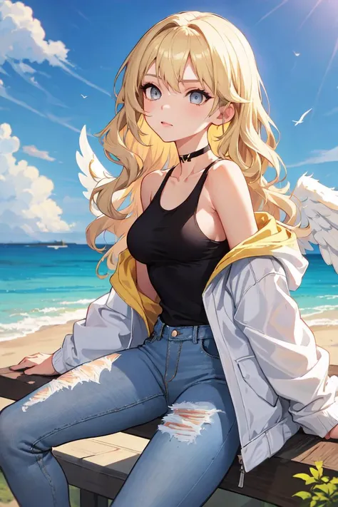 1girl, medium breasts, blonde hair, long hair, wavy hair, grey eyes, white feathered wings, angel, outdoors, white jacket, choker, tank top, jeans