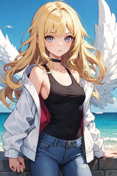 1girl, medium breasts, blonde hair, long hair, wavy hair, grey eyes, white feathered wings, angel, outdoors, white jacket, choker, tank top, jeans