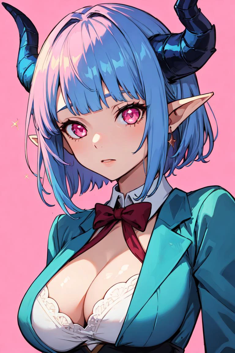 1girl, dragon girl, dragon horns, large breasts, dress, formal, cleavage, sparkling pink eyes, blue hair, simple background, pointy ears, short hair, sidelocks, blunt ends, upper body, (blunt bangs:1.3)