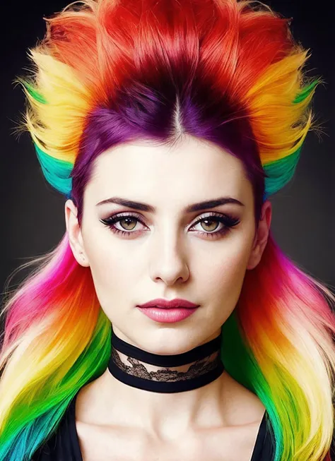 portrait of sks woman by Flora Borsi, style by Flora Borsi, bold, bright colours, rainbow Mohawk haircut, ((Flora Borsi)), <lora:lora_penelope_v1_from_v1_160:1>