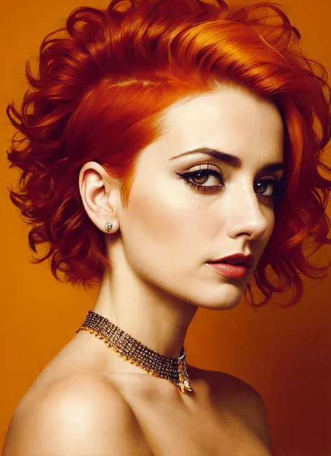 portrait of sks woman by Flora Borsi, style by Flora Borsi, bold, bright colours, orange Mohawk haircut, ((Flora Borsi)), <lora:lora_penelope_v1_from_v1_160:1>