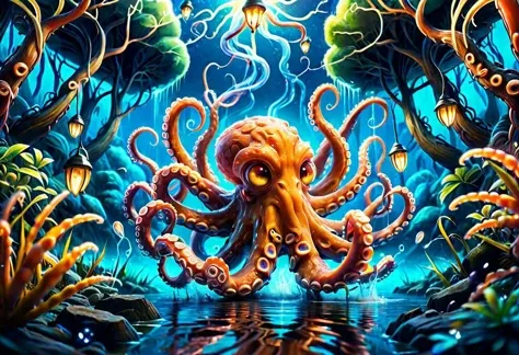 a colorful slimey glowing octopus, nature, forest, outdoors, tree, walking, water, at night, bright sky <lora:ral-elctryzt:1> ral-elctryzt