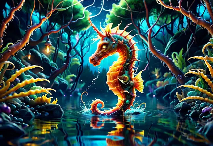 a colorful slimey glowing seahorse, nature, forest, outdoors, tree, walking, water, at night, bright sky <lora:ral-elctryzt:1> ral-elctryzt