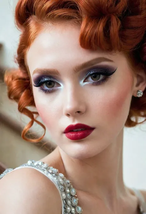 (woman on a stairwell:0.9), (red hair, fancy dress:0.8), (closeup on her face, skin texture:1.1)