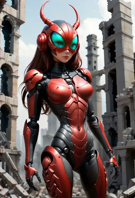 A beautiful woman in a sleek black and red insectoid suit, helmet, and combat weapon, standing amidst the ruins of a once-thriving city.