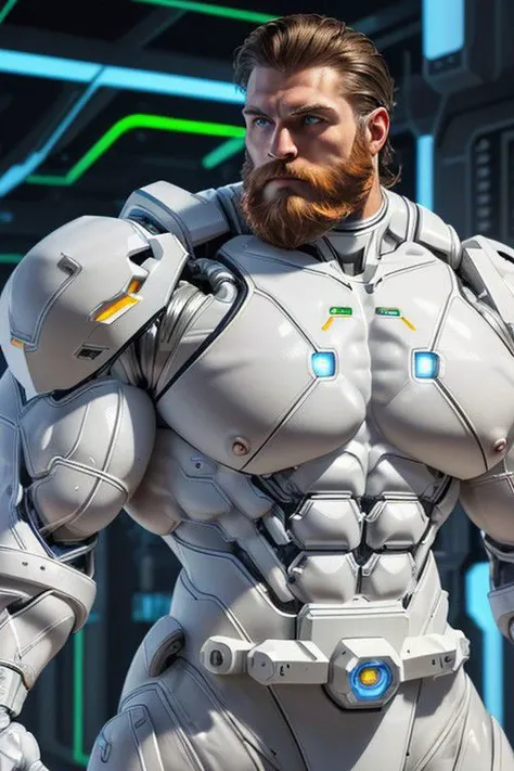 (caucasian man) wearing white mecha power armor, glowing, cables, wires, futuristic lab background, medium hair, transparent plastic, beard, upper body, science fiction, ((abs)), light source on armor, realistic, masterpiece, intricate details, detailed background, depth of field, dynamic pose, (huge-muscles:1.2), (large pectorals), (puffy nipples)