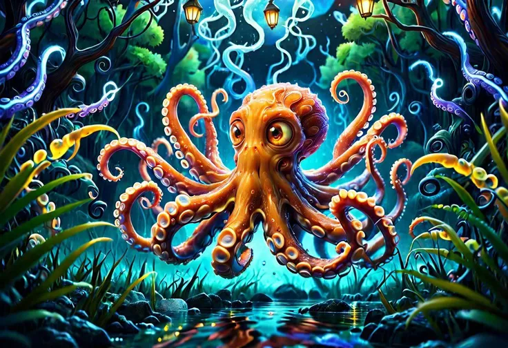 a colorful slimey glowing octopus, nature, forest, outdoors, tree, walking, water, at night, bright sky <lora:ral-elctryzt:1> ral-elctryzt