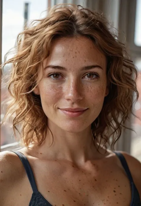 Stunning photo of a 41 years old Dutch woman, close up, very pretty, fit, skinny, highly detailed face, highly detailed skin, freckles, many freckles on arms and tits, freckles and moles all over body, natural breasts, perfect breasts, hard nipples, Rounded ass, blonde hair, pubic hair, messy hair, medium hair, brown eyes, in front of open window, many people in background, natural light, seductive smile, very detailed skin, highly detailed face, ultra realistic, extremely detailed Unreal engine 5, 8k resolution,