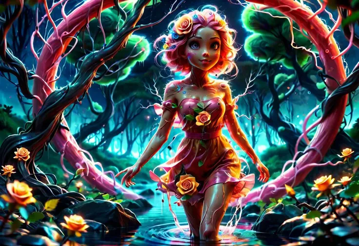 a colorful slimey glowing rose girl, nature, forest, outdoors, tree, walking, water, at night, bright sky <lora:ral-elctryzt:1> ral-elctryzt