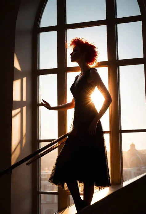 (woman on a stairwell:0.9), (red hair, fancy dress:0.8), (light shining through a big window, backlit silhouette:1.1)