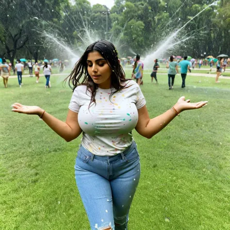 Photorealistic, full length, Instagram style, HD quality image, indian woman, cute face (large splattering of multicolor: 1.3), big boobs, thighs, long legs, (detailed skin 1.3),(loose white tshirt), (without pants), facing camera, looking at camera, conysv3-1400, wearing large shades, drenched, wet, (large splattering of multicolor: 1.7), transparent, in a crowded park