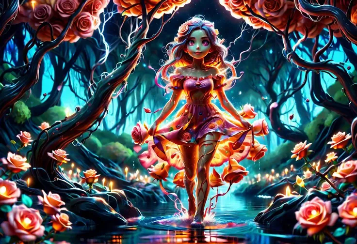 a colorful slimey glowing rose girl, nature, forest, outdoors, tree, walking, water, at night, bright sky <lora:ral-elctryzt:1> ral-elctryzt