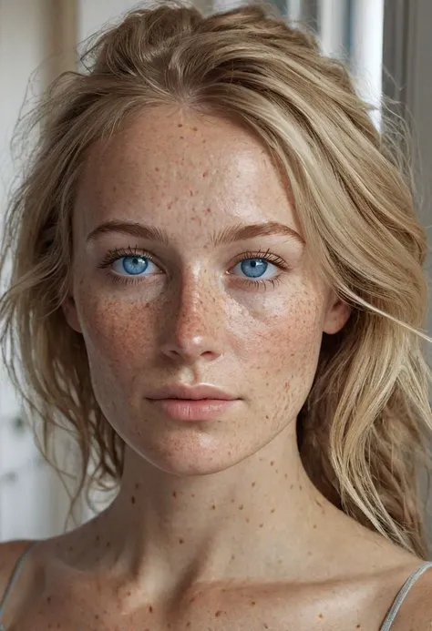 Stunning photo of my beautiful 30 years old Swedish girlfriend, full body, very pretty, fit, skinny, highly detailed face, highly detailed skin, freckles, many freckles on arms and tits, freckles and moles all over body, natural breasts, perfect breasts, hard nipples, Rounded ass, blonde hair, pubic hair, messy hair, medium hair, blue eyes, in her apartment in Stockholm, natural light, in love, very detailed skin, highly detailed face, ultra realistic, extremely detailed Unreal engine 5, 8k resolution,