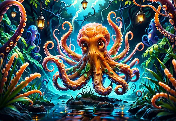 a colorful slimey glowing octopus, nature, forest, outdoors, tree, walking, water, at night, bright sky <lora:ral-elctryzt:1> ral-elctryzt