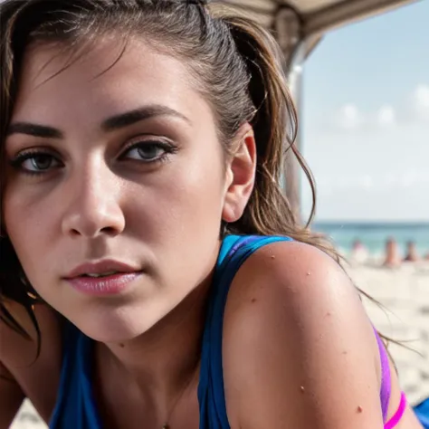 (RAW, analogue, Nikon Z 14mm ultra-wide angle lens, award-winning glamour photograph, ((best quality)), ((masterpiece)), ((realistic)), skin pores, subsurface scattering, radiant light rays, high-res, detailed facial features, high detail, sharp focus, smooth, aesthetic, extremely detailed, (extremely detailed eyes, extremely detailed iritremely detailed hair, extremely detailed skin, extremely detailed clothes, octane render, photorealistic, realistic, post-processing, max detail, realistic shadows, roughness, natural skin texture, real life, ultra-realistic, photorealism, photography, 8k UHD, photography, hdr, intricate, elegant, highly detailed, sharp focus, stunning, beautiful, gorgeouest quality, masterpiece, blemishes, shiny skin, 1 girl, woman, portrait, looking down, solo, half shot, detailed background, turquoise eyes, chestnut wavy hair, sticky hair, sweaty hair, determined, detailed face, (soccer field:1.1), slender feminine form, smirk, focusing, athlete, sweating, sweaty skin, ((extremely baggy loose top)), headband, sweaty clothes, ((leaning forward, bent over, nipple slip, visible nipple)), dynamic pose, cinematic atmosphere, downblouse, extended downblouse, massive  hanging out, massive breasts hanging out, large cleavage,  overflowing,  falling out, wearing a small key on a necklace