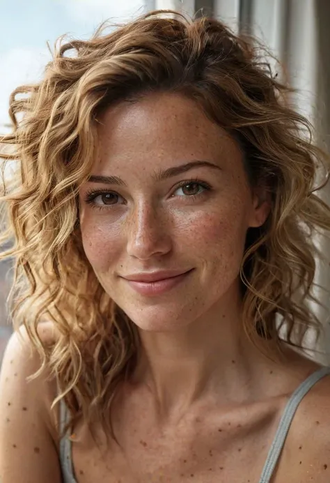 Stunning photo of a 41 years old Dutch woman, close up, very pretty, fit, skinny, highly detailed face, highly detailed skin, freckles, many freckles on arms and tits, freckles and moles all over body, natural breasts, perfect breasts, hard nipples, Rounded ass, blonde hair, pubic hair, messy hair, medium hair, brown eyes, in front of open window, many people in background, natural light, seductive smile, very detailed skin, highly detailed face, ultra realistic, extremely detailed Unreal engine 5, 8k resolution,