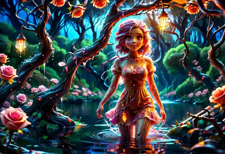 a colorful slimey glowing rose girl, nature, forest, outdoors, tree, walking, water, at night, bright sky <lora:ral-elctryzt:1> ral-elctryzt