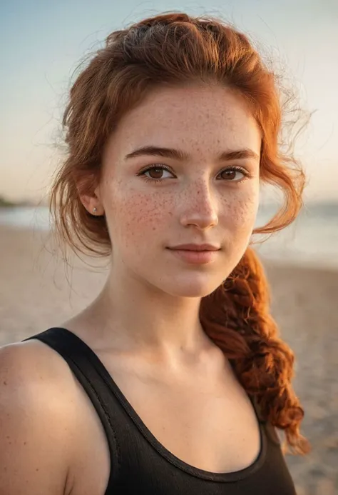 A beautiful photo of a beautiful 20 years old Dutch woman, full body, sideview, incredibly pretty narrow nose, fit, highly detailed face, highly detailed skin, freckles, brown hair, red hair, big hair, medium hair, 70's style hair, ponytail, brown eyes, perfect eyes, detailed eyes, detailed pupils, happy, slightly smiling, white tank top, plain fabric, black swimsuit, on the beach, soft light of the sunset, soft natural light, hyperrealism, sharp focus, (masterpiece, best quality, ultra high res:1.2), (photo-realistic:1.3)