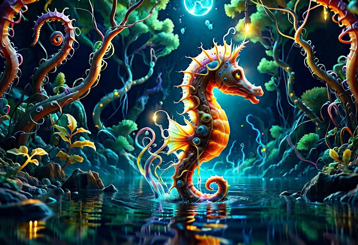 a colorful slimey glowing seahorse, nature, forest, outdoors, tree, walking, water, at night, bright sky <lora:ral-elctryzt:1> ral-elctryzt