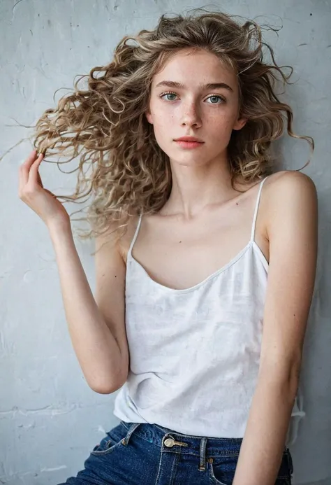 flash photo of a youthful girl,((( tack focus on eyes)))very skinny, fair skin , white hair , freckles ,(((back to camera))),posing ,long legs, perfect behind, small face, puffy lips, (((entire head in frame))), arms behind head, wavy messy hair, pout