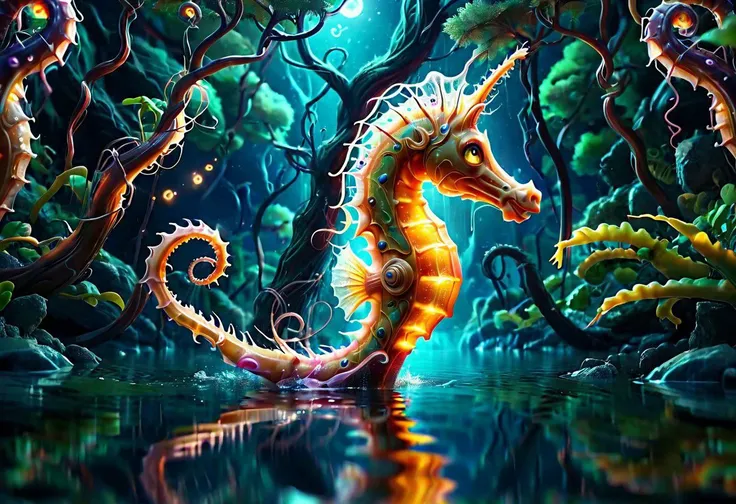 a colorful slimey glowing seahorse, nature, forest, outdoors, tree, walking, water, at night, bright sky <lora:ral-elctryzt:1> ral-elctryzt