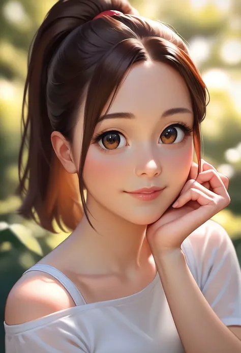 score_9, score_8_up, score_7_up, score_6_up, score_5_up, score_4_up, source_anime, head and shoulders portrait of a cute innocent 18yo girl, cute, adorable, petite, shy smile, brown hair, high short ponytail, teeth, perfecteyes, brown eyes, very detailed face, conysv3-1400, realistic, cute look