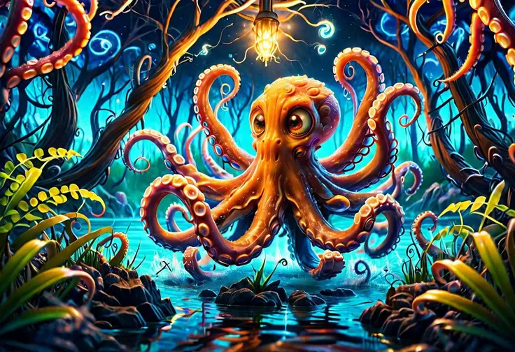 a colorful slimey glowing octopus, nature, forest, outdoors, tree, walking, water, at night, bright sky <lora:ral-elctryzt:1> ral-elctryzt