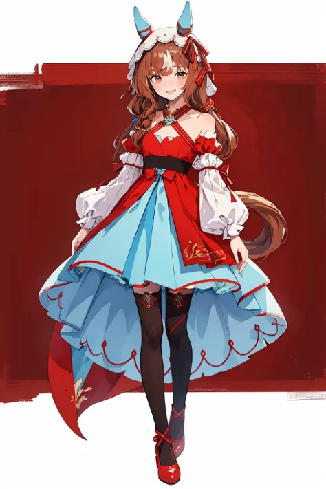 A woman in a red and blue dress with horns and a red cape - SeaArt AI