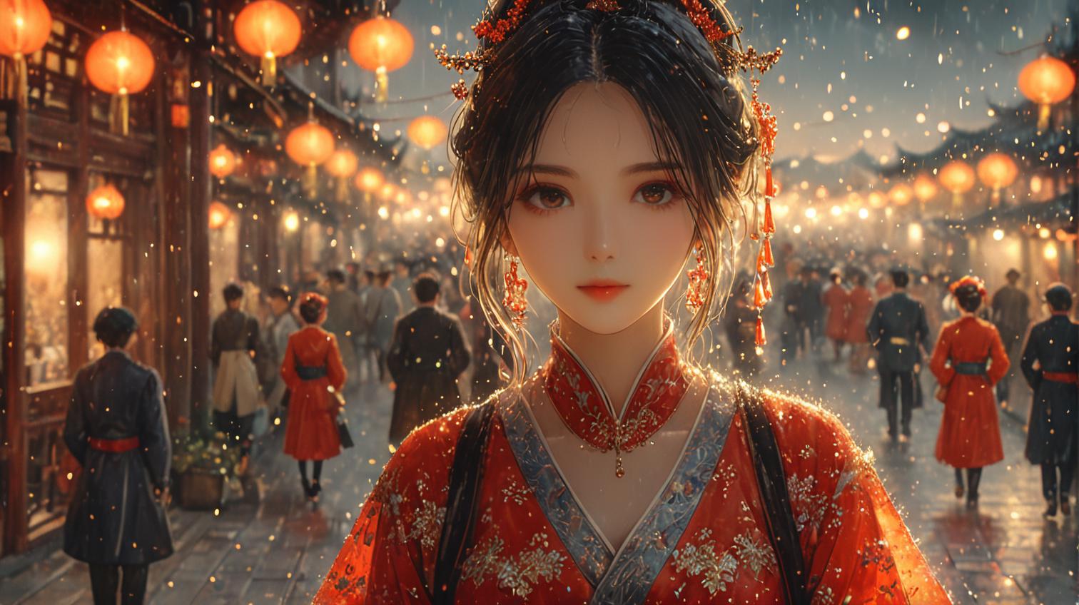 A close up of a woman in a red dress standing in a street - SeaArt AI