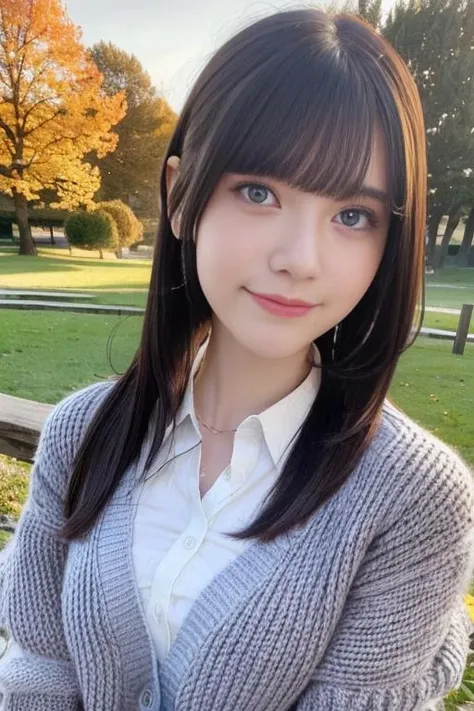 1girl,(wearing a wooly cardigan:1.2),(RAW photo, best quality), (realistic, photo-realistic:1.4), masterpiece, an extremely delicate and beautiful, extremely detailed, 2k wallpaper, Amazing, finely detail, extremely detailed CG unity 8k wallpaper, ultra-detailed, highres, soft light, beautiful detailed girl, extremely detailed eyes and face, beautiful detailed nose, beautiful detailed eyes,cinematic lighting,autumn scenery,sunlight,perfect anatomy,slender body,smiling,(hair with bangs) <lora:yamadamarina_lora:0.8>