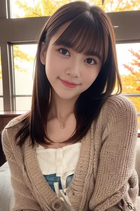 1girl,(wearing a wooly cardigan:1.2),(RAW photo, best quality), (realistic, photo-realistic:1.4), masterpiece, an extremely delicate and beautiful, extremely detailed, 2k wallpaper, Amazing, finely detail, extremely detailed CG unity 8k wallpaper, ultra-detailed, highres, soft light, beautiful detailed girl, extremely detailed eyes and face, beautiful detailed nose, beautiful detailed eyes,cinematic lighting,autumn scenery,sunlight,perfect anatomy,slender body,smiling,(hair with bangs) <lora:yamadamarina_lora:0.8>