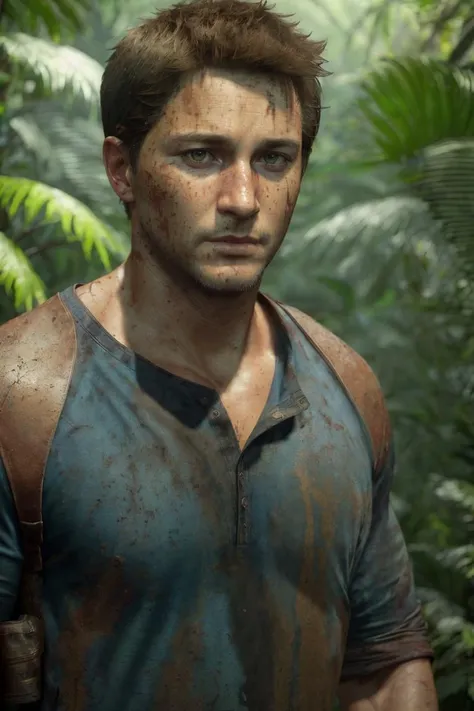 <lora:NateV1:0.8>, photo of nateu4, man, solo, blue shirt, dirty clothes, dirty face, (facial scratches:0.6), In the jungle, standing, short hair, ((masterpiece)) beautiful background, best illustration, (best quality), (((realistic skin texture))), ((photorealism quality)), high resolution, high detail, (digital art trending on Artstation), ultradetailed, intricate detail