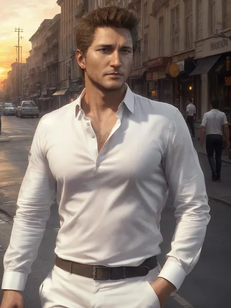 <lora:NateV1:0.7>, nateu4, man solo, white shirt, standing, sunset, in street, ((masterpiece)) beautiful background, best illustration, (best quality), (((realistic skin texture))), ((photorealism quality)), high resolution, high detail, (digital art trending on Artstation), ultradetailed, intricate detail